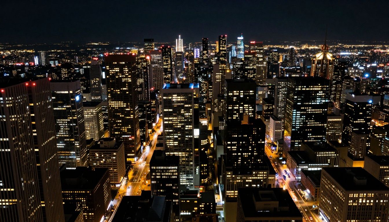 Vista panorâmica futurista de Night City com luzes neon intensas refletindo em poças de chuva na rua