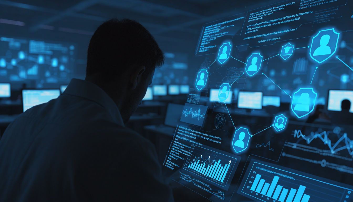 Wide-angle, over-the-shoulder view of a silhouette-like healthcare data analyst, with their back turned and face not visible, viewing an interactive glowing blue holographic interface of connected nodes, security shields, user icons, and encrypted financial charts in a futuristic medical billing command center with blurred workstations, cinematic neon blue and cyan lighting, photorealistic corporate cybersecurity aesthetic, 16:9 aspect ratio