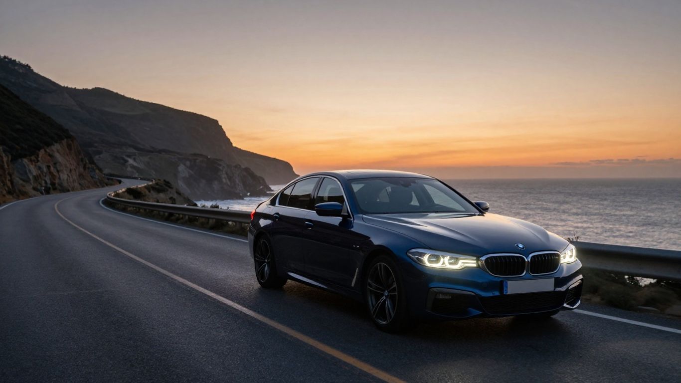 BMW sedan driving on a scenic coastal highway at sunset.