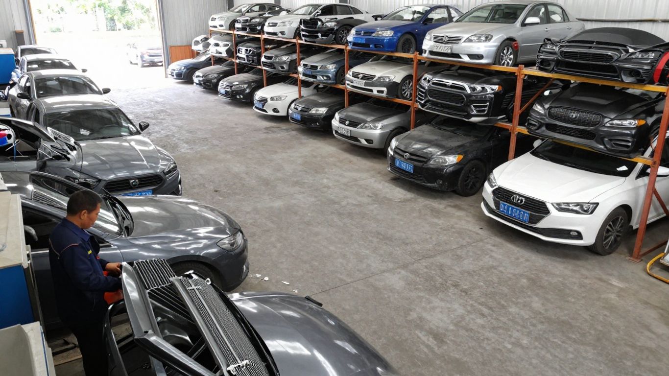 Rows of recycled vehicle parts in an organized salvage yard