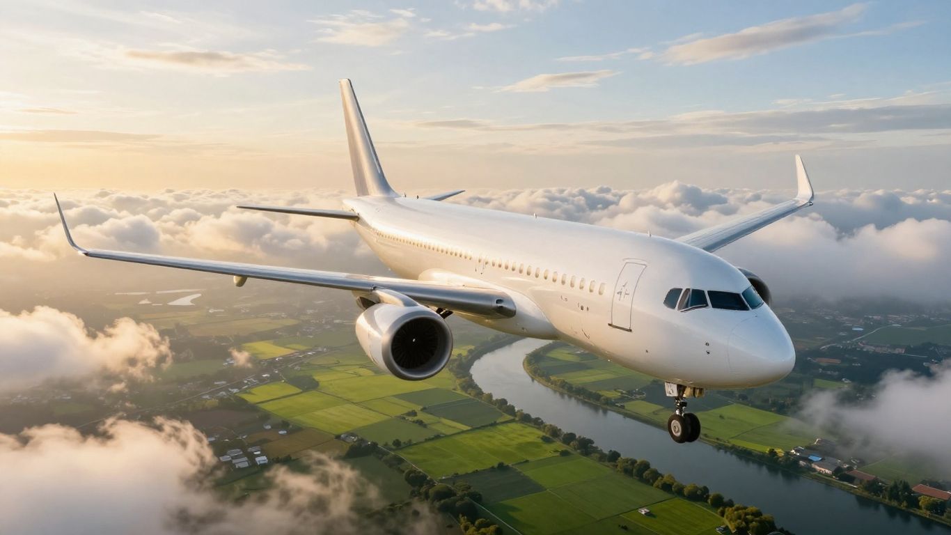 Airplane flying over scenic landscape at sunset.