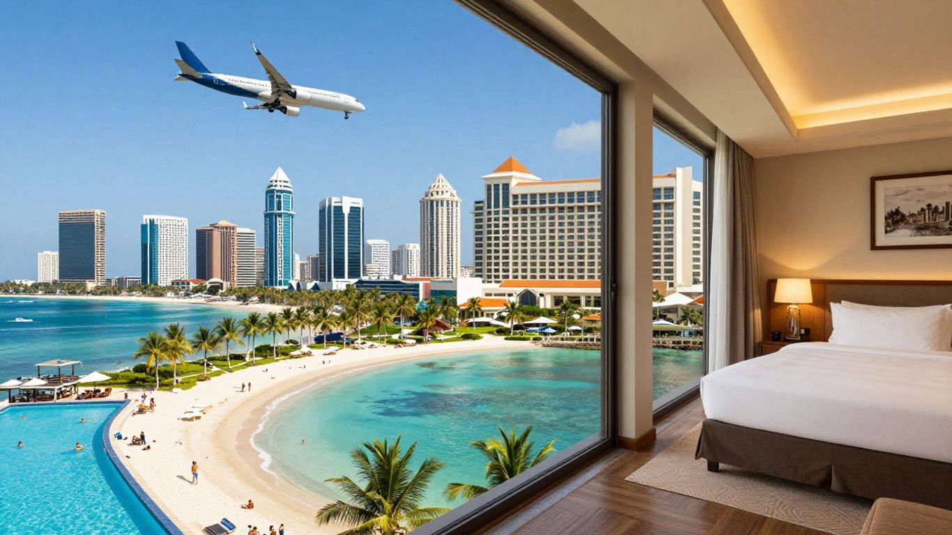 Expedia travel elements: plane, hotel, beach, cityscape.