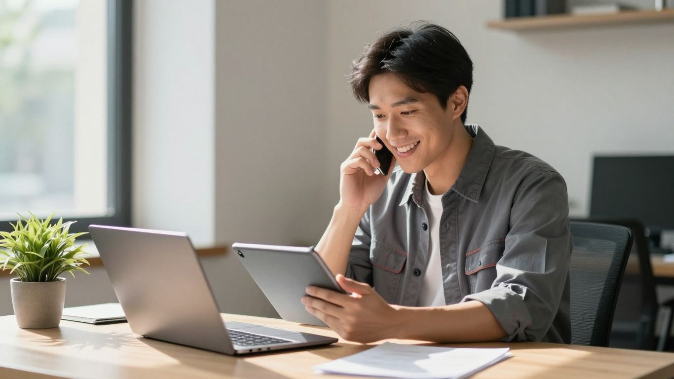 HVAC technician using a tablet in a modern office.