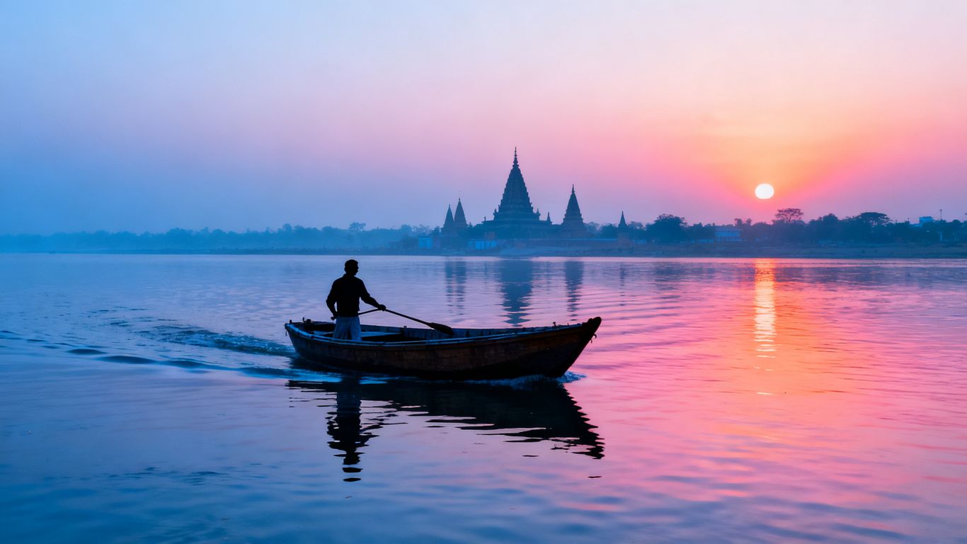 Ganges River at sunrise with a boatman.