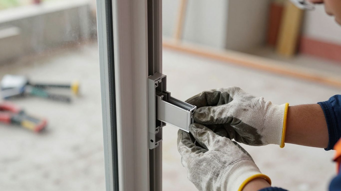 Worker installing a commercial door in a new build.