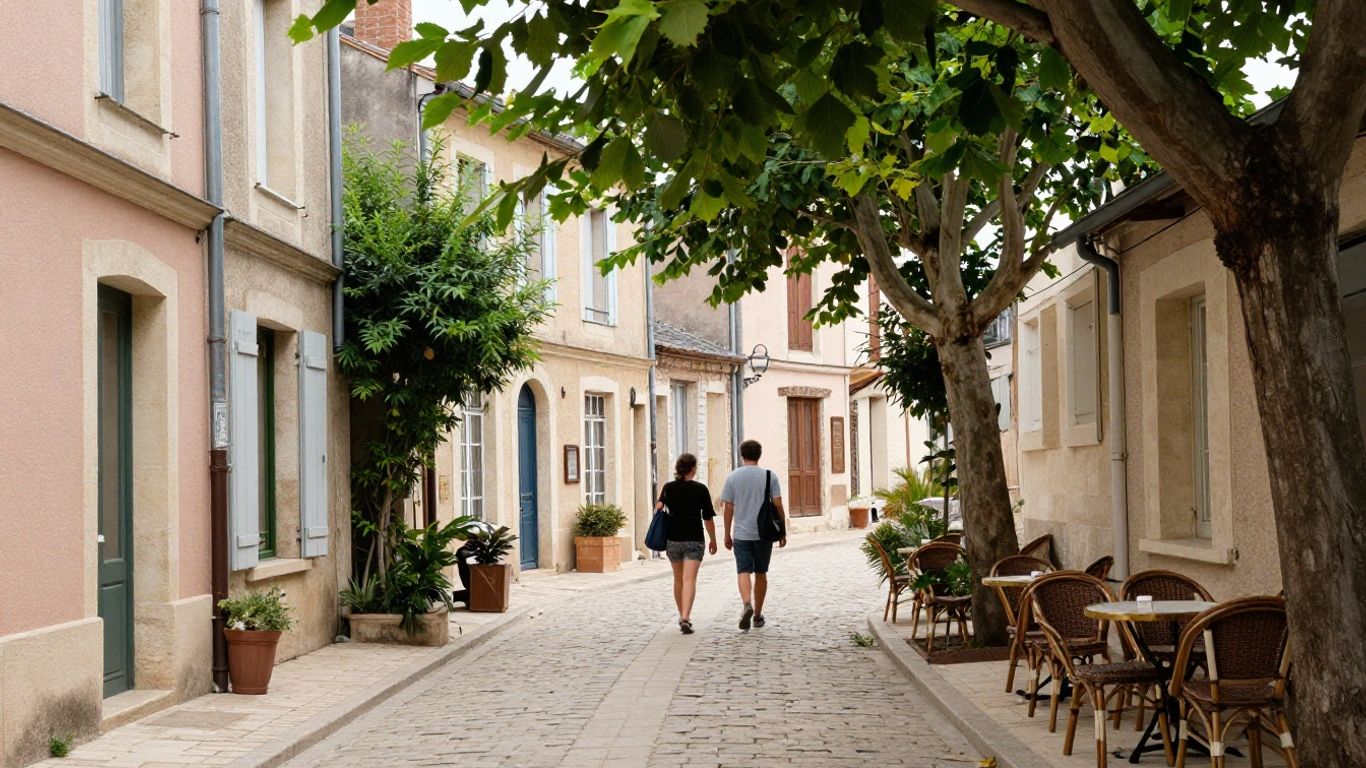 Ruelle française ensoleillée et voyageurs en promenade