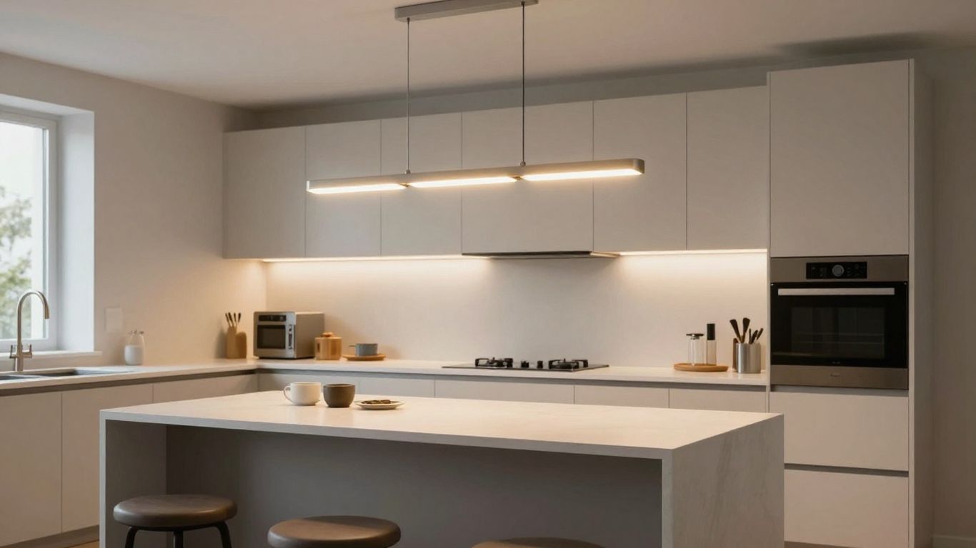 Three-light pendant over a kitchen island.