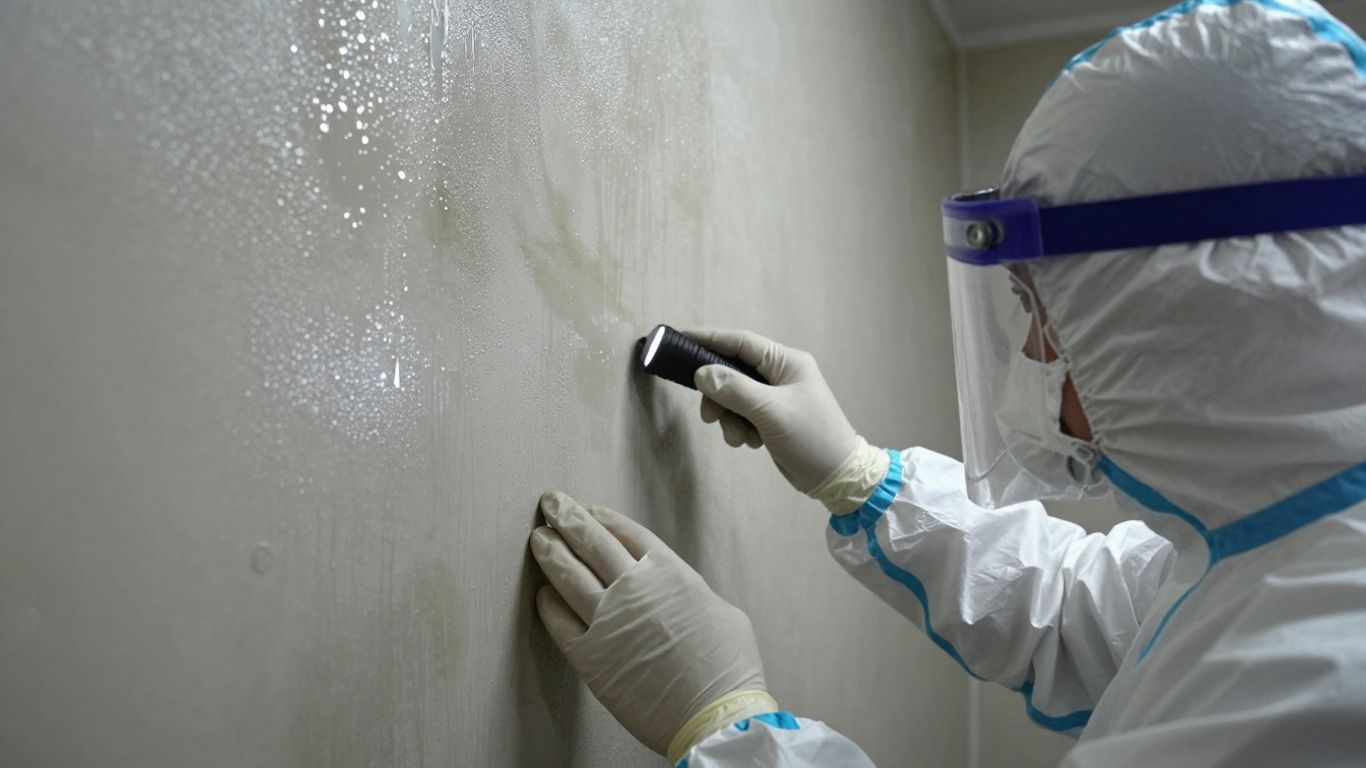 Mold mitigation specialist inspecting water-damaged wall.