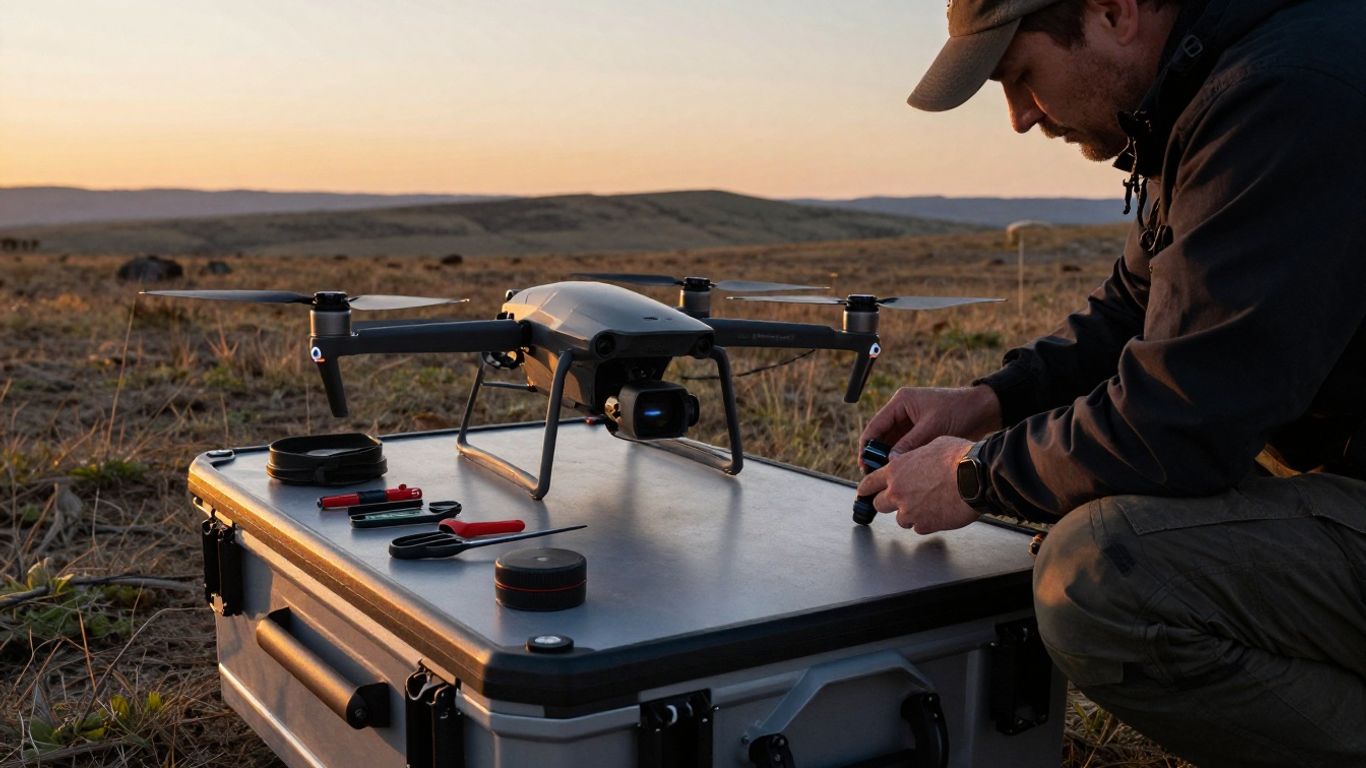 Technician preparing drone in remote field