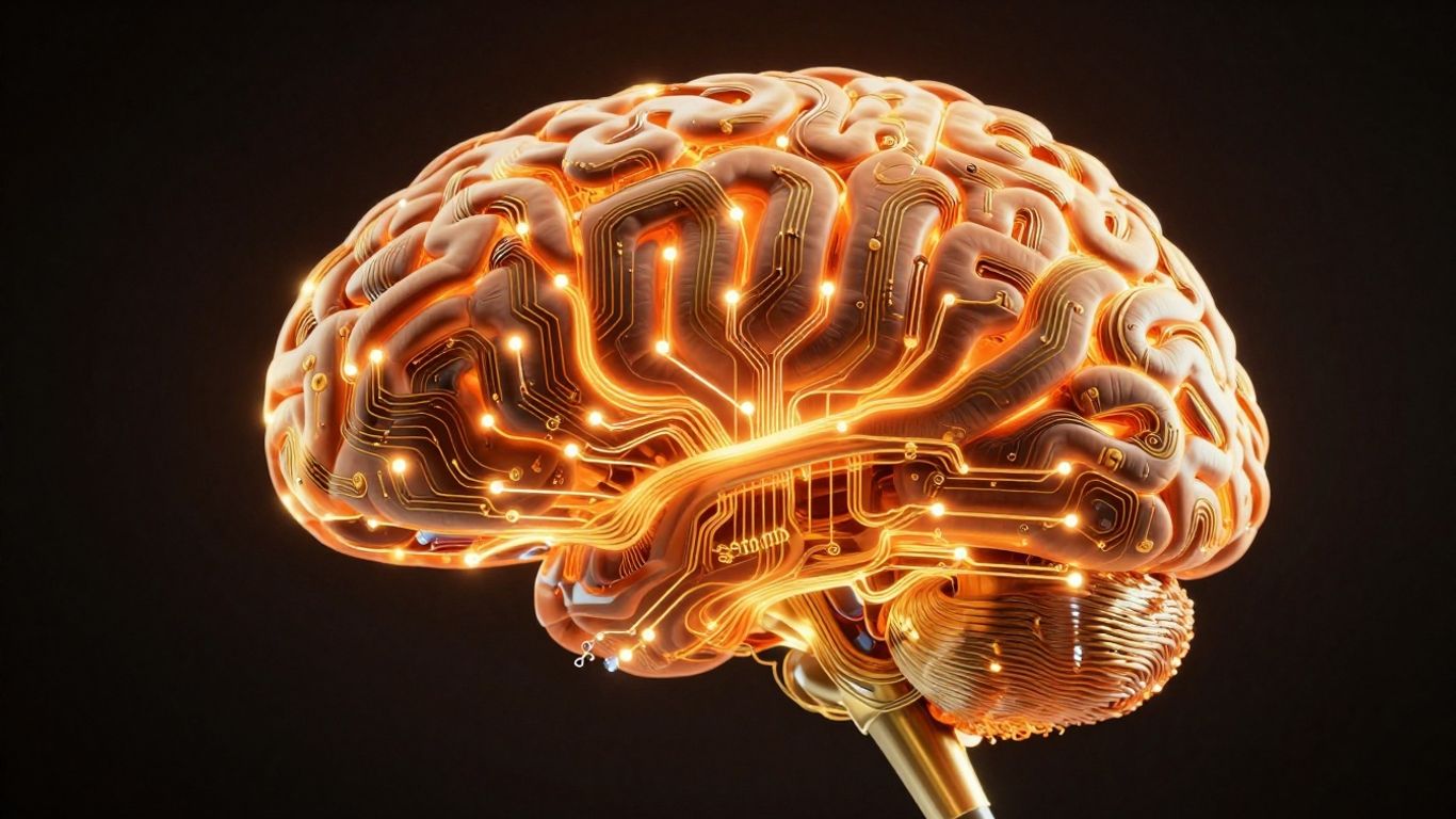 A digital representation of circuitry blending into organic shapes of a human brain in warm colors