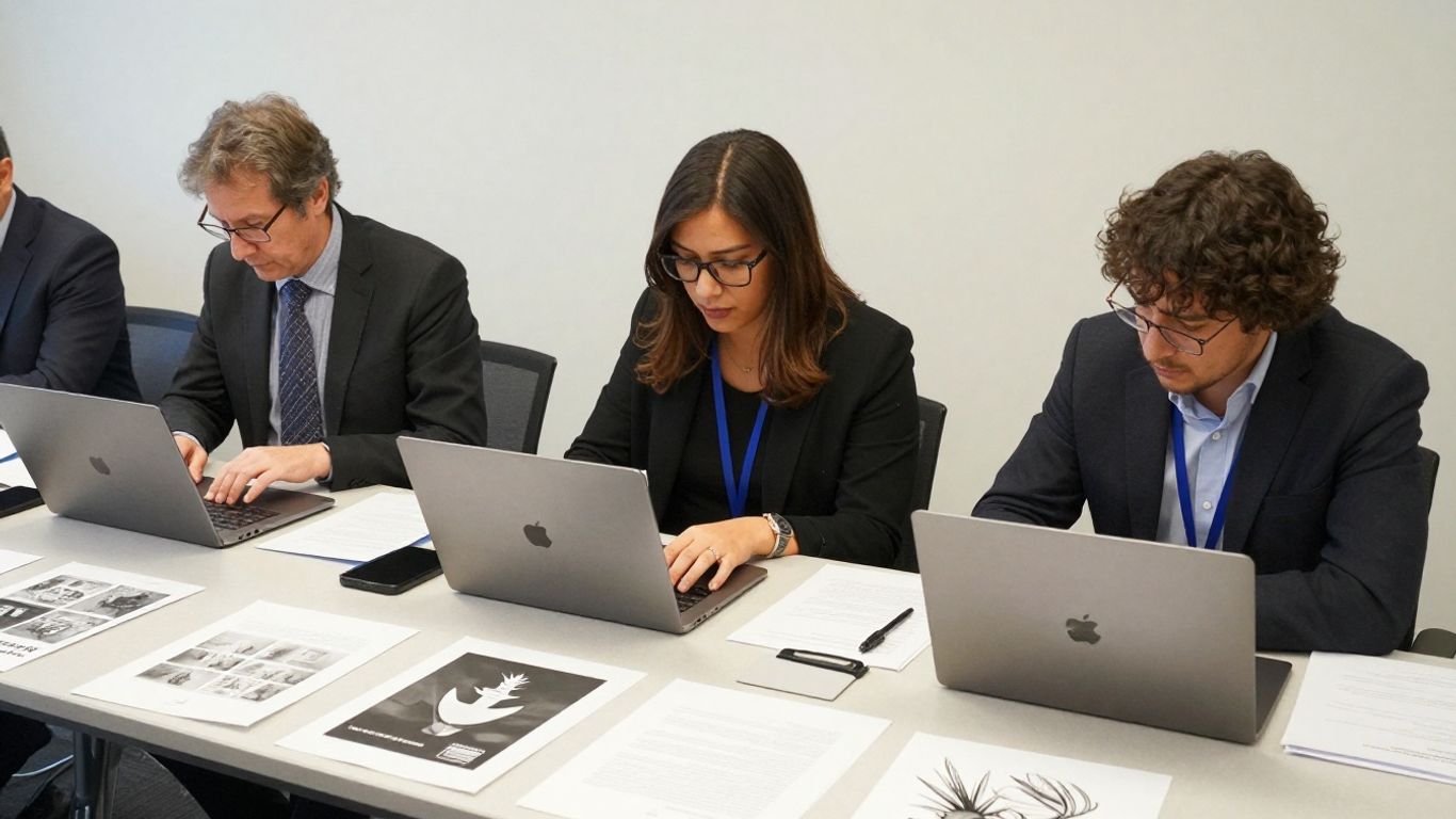Contest management. Judges reviewing creative contest entries