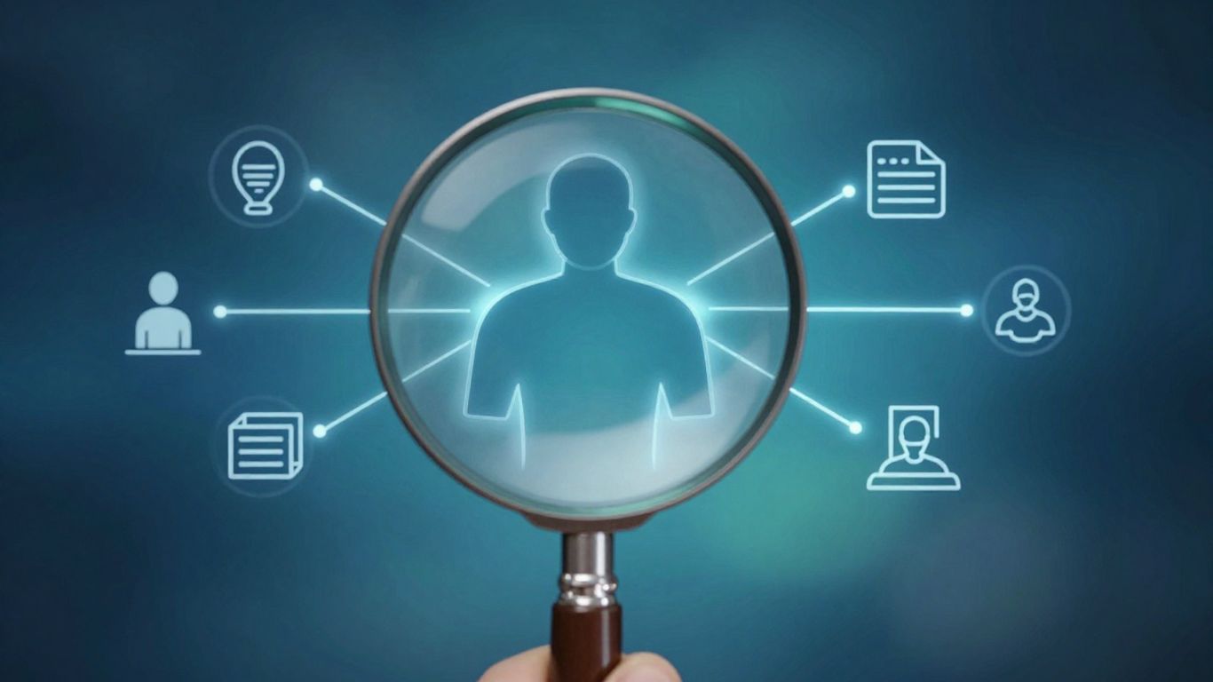 Magnifying glass over person silhouette, user needs icons.