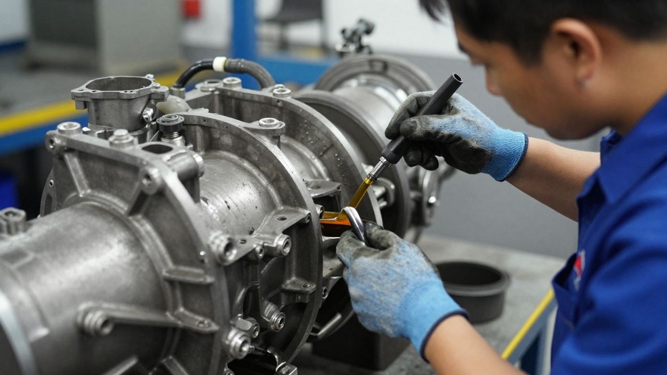 Mechanic inspecting a complex car transmission casing