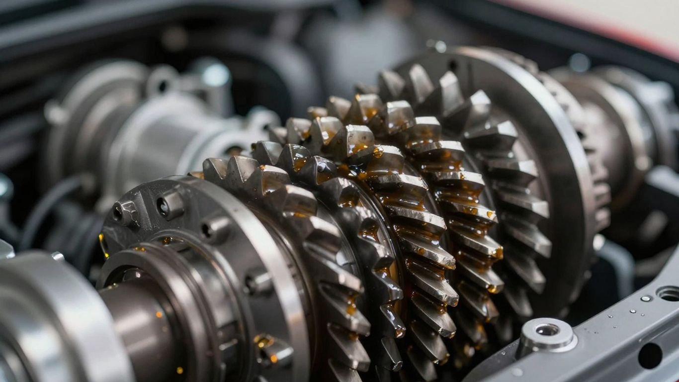 Close-up of car differential gears with clean oil.