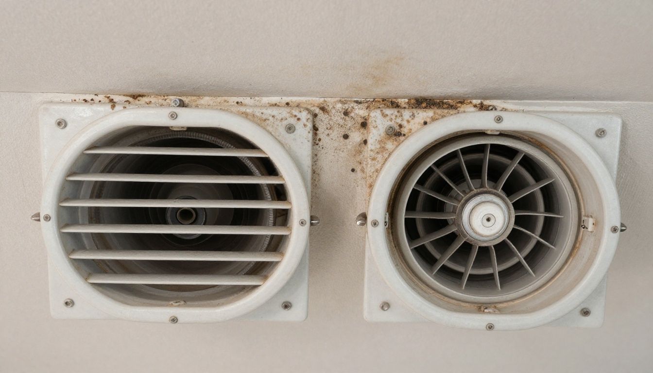 A split-screen image showing a dirty commercial air duct vent before cleaning and a pristine, clean vent after service