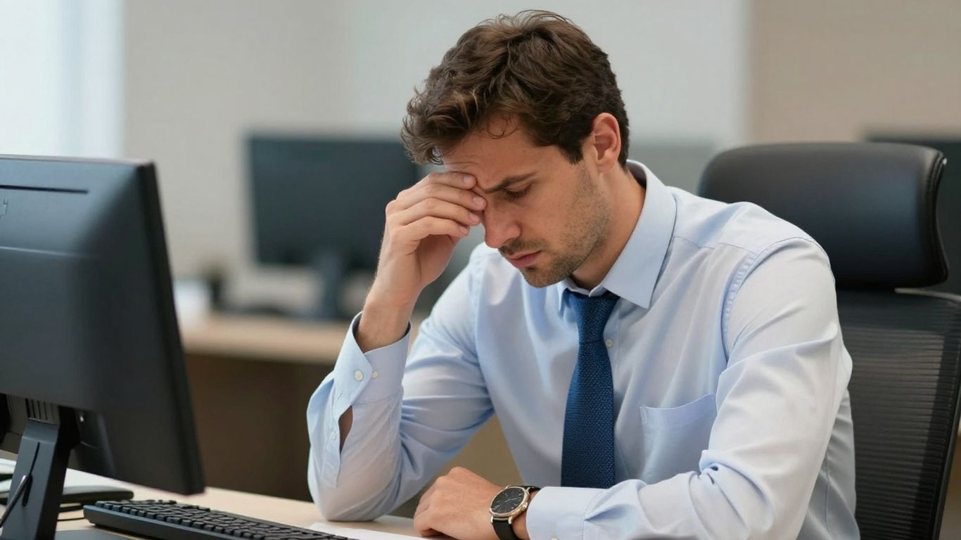 Mann im Anzug mit Hand an der Stirn im Büro