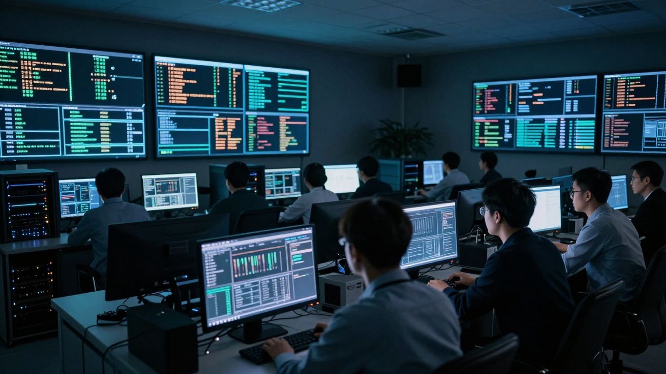Network operations center with glowing screens and technicians.