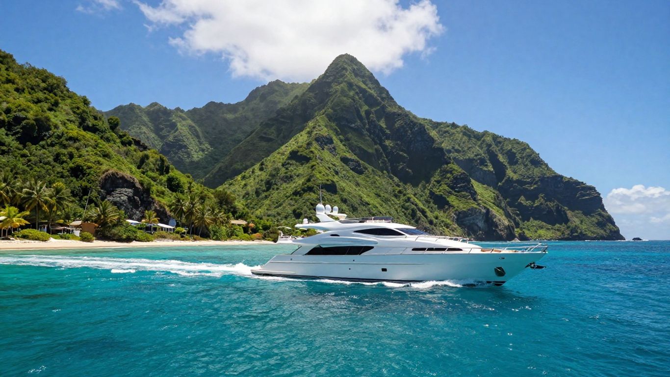 Yacht sailing near lush Caribbean islands.