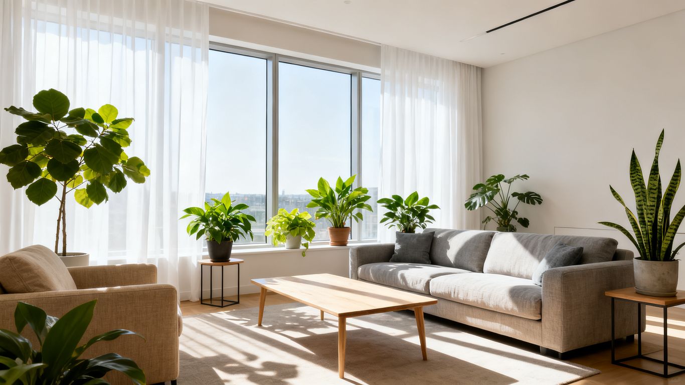 A cozy modern living area with lush plants
