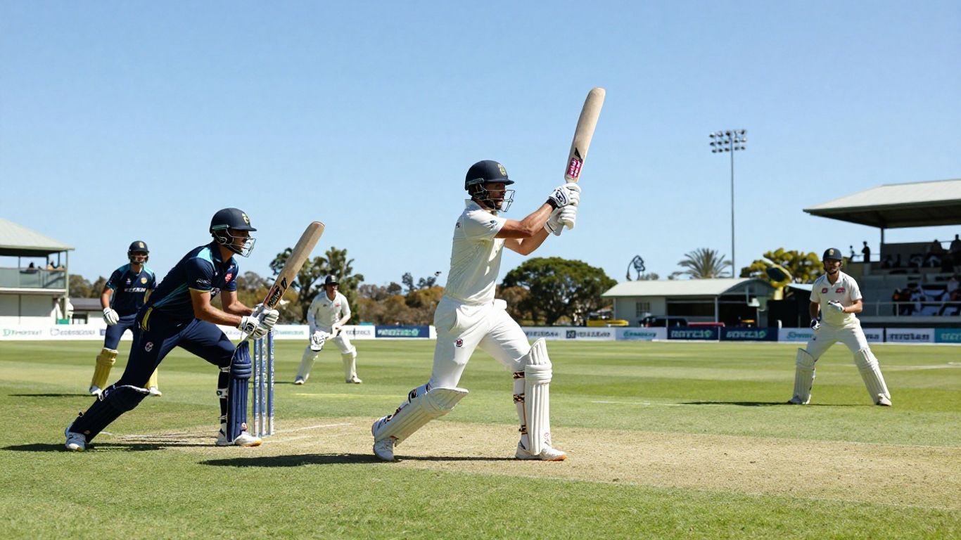 Australian cricketers in action on a sunny field.