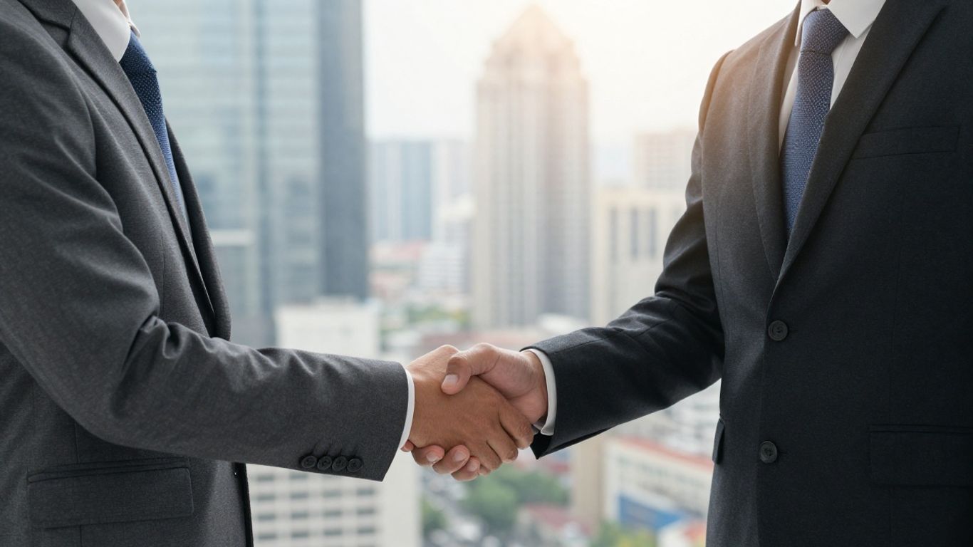 Business people shaking hands, cityscape background.