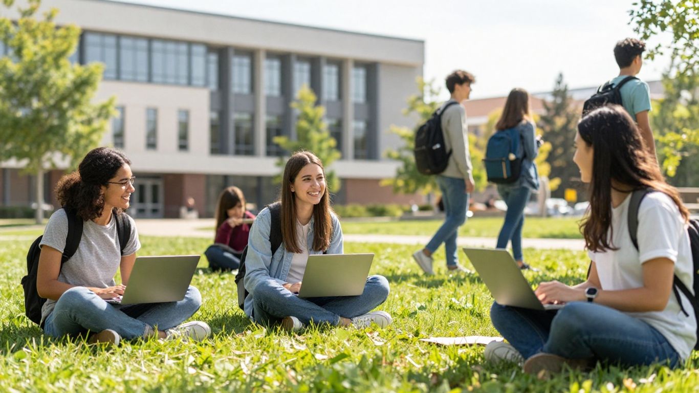College students networking and studying outside on campus