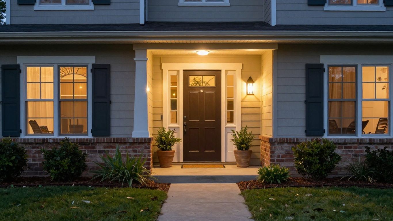 Modern porch light brightens a welcoming home entryway.