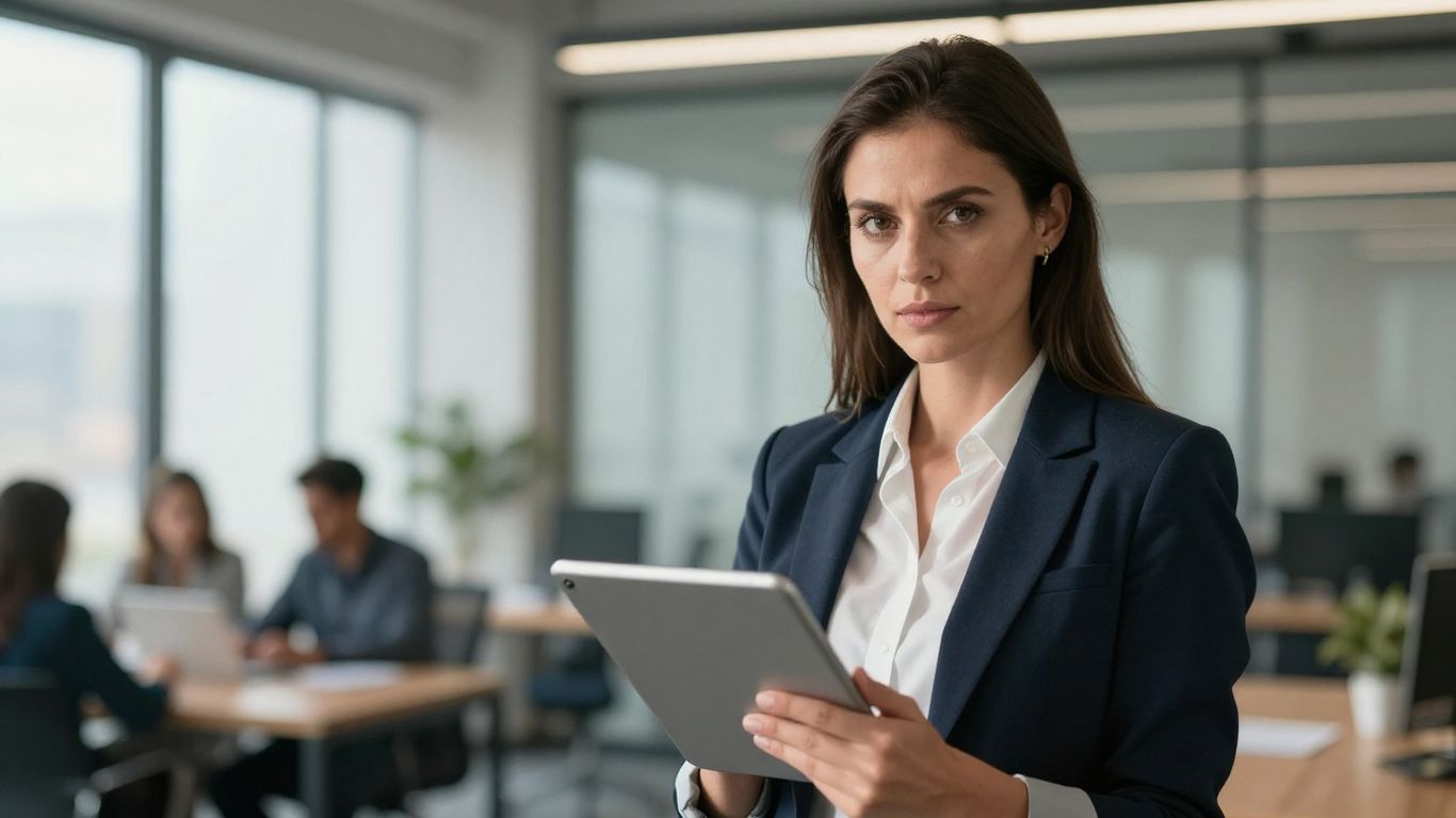 Woman in business attire with tablet, looking confident.