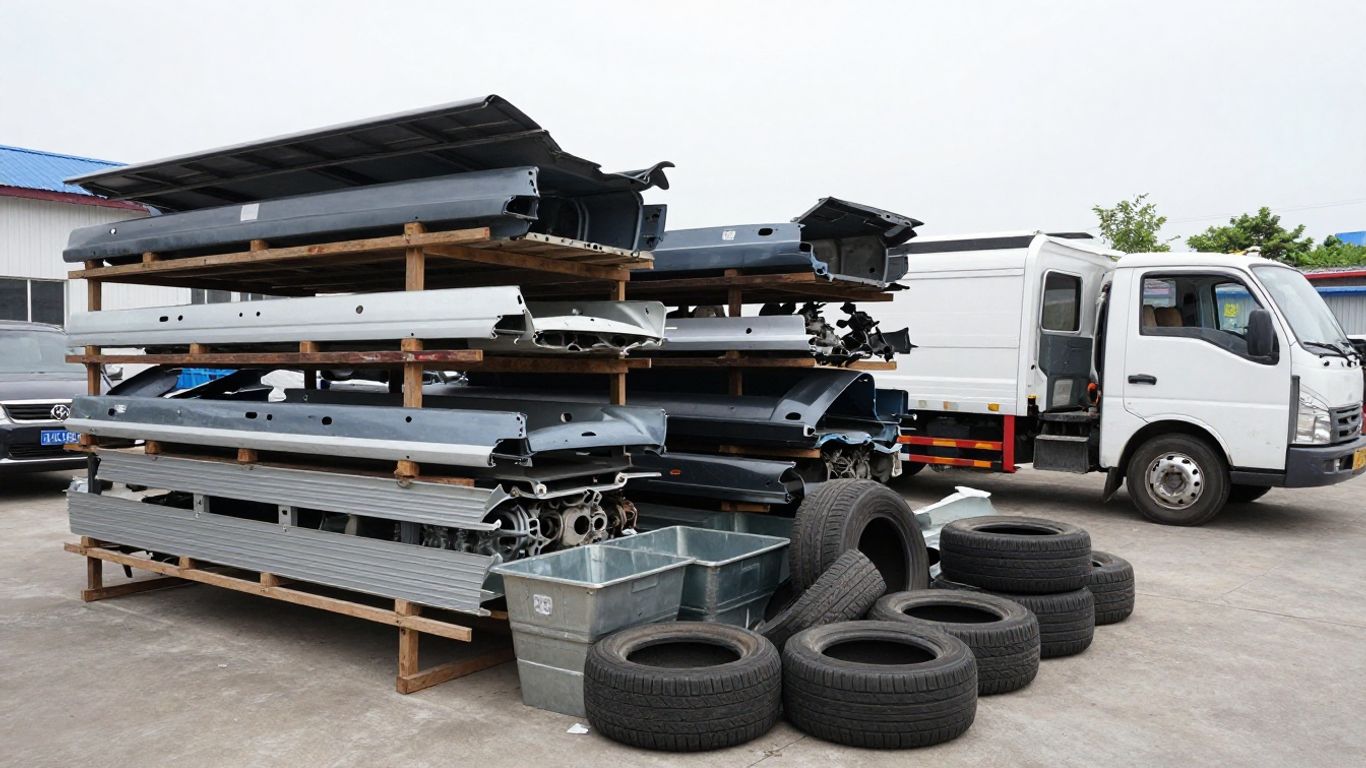 Photograph of organized auto recycling yard with sorted parts