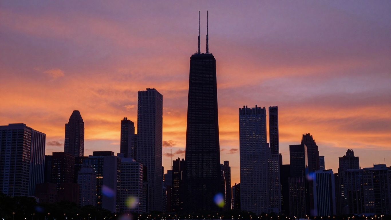 Chicago skyline at dusk with upward glowing abstract elements.
