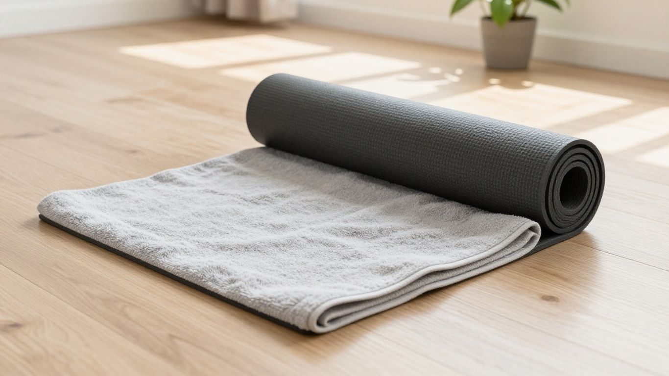 A rolled yoga mat beside a clean towel