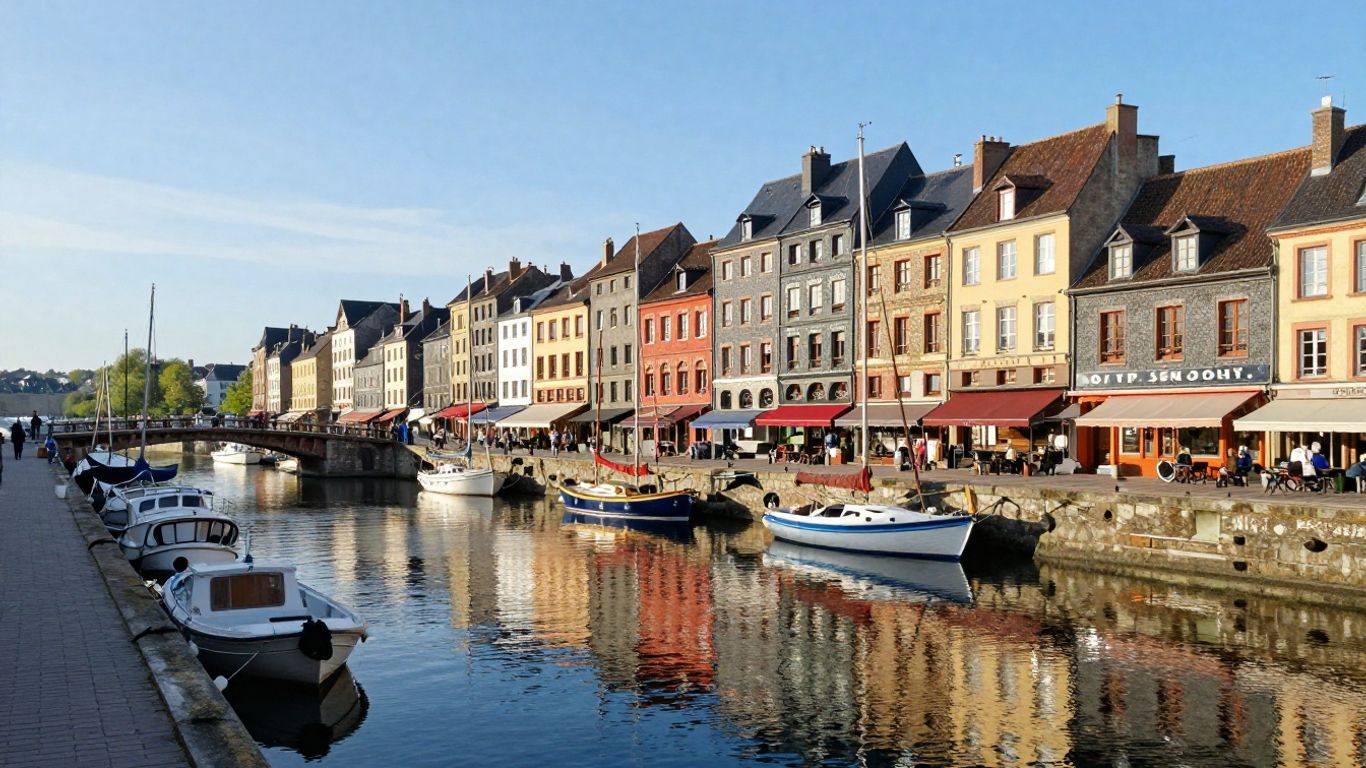 Colorful harbor buildings and boats in Honfleur, France.