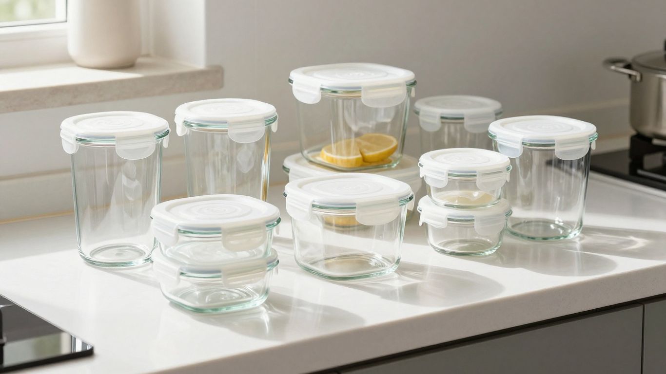 Glass and plastic food containers neatly organized on a kitchen counter.