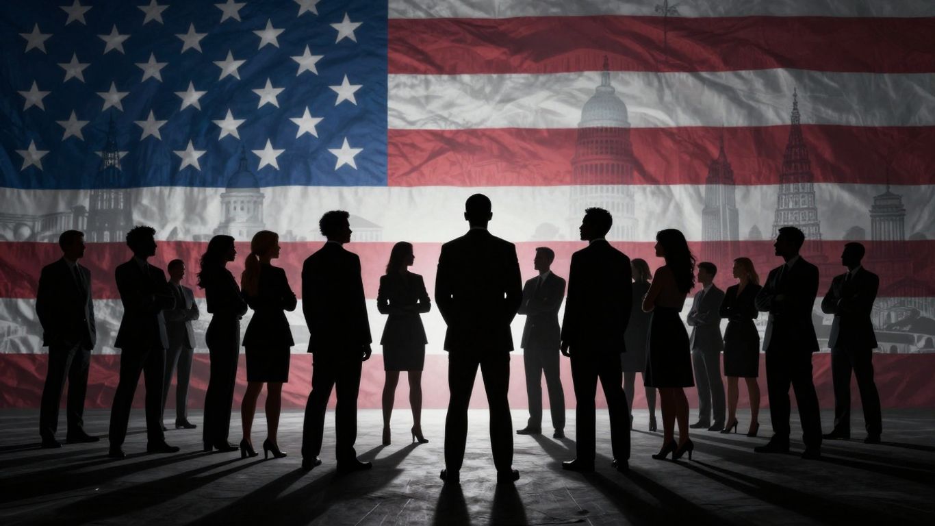 US political landscape with landmarks and figures.