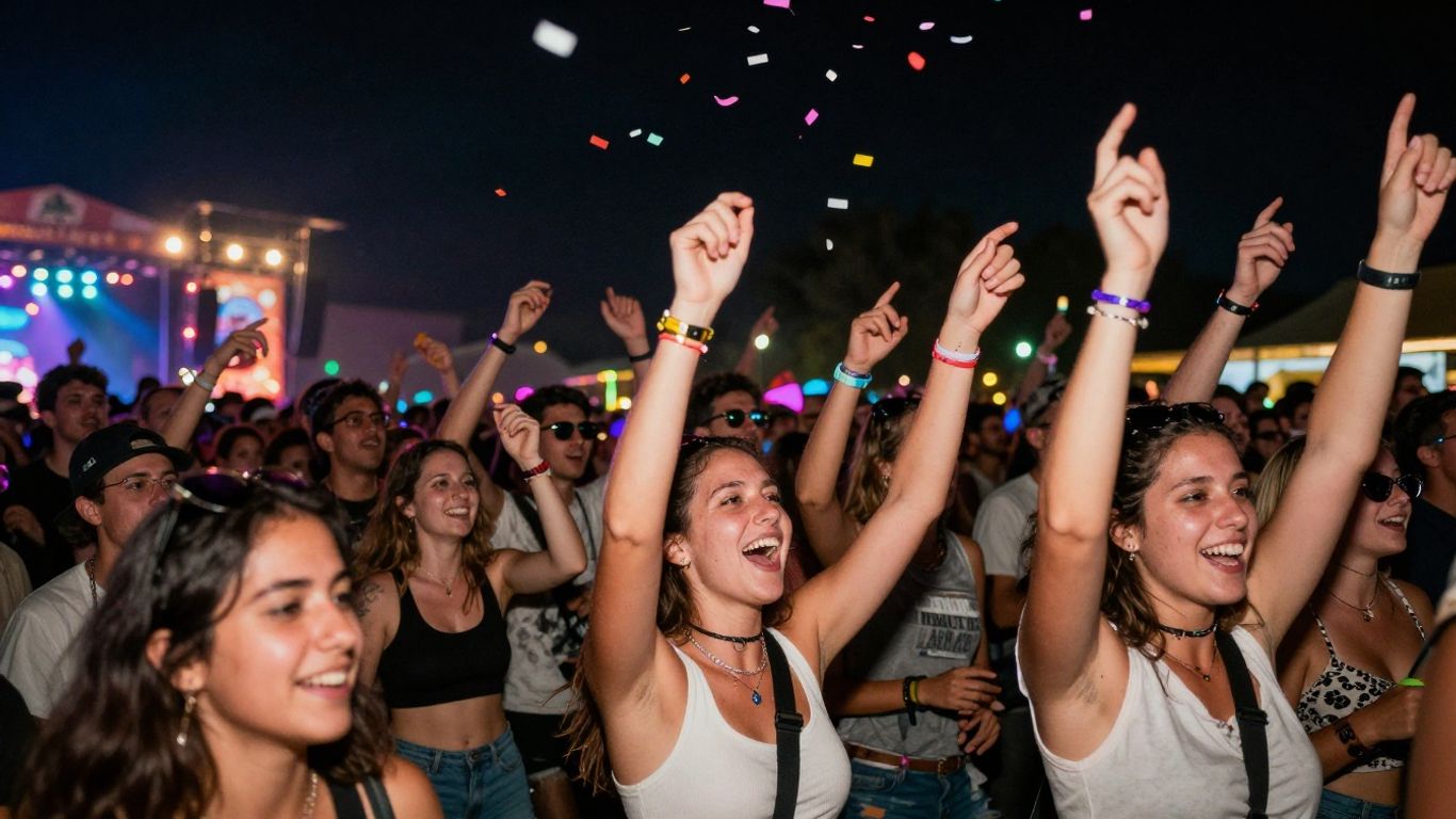 Energetic crowd dancing at a vibrant outdoor music festival.