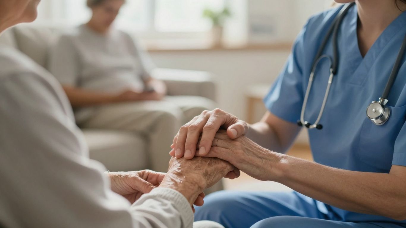 Caregiver holding elderly person's hand