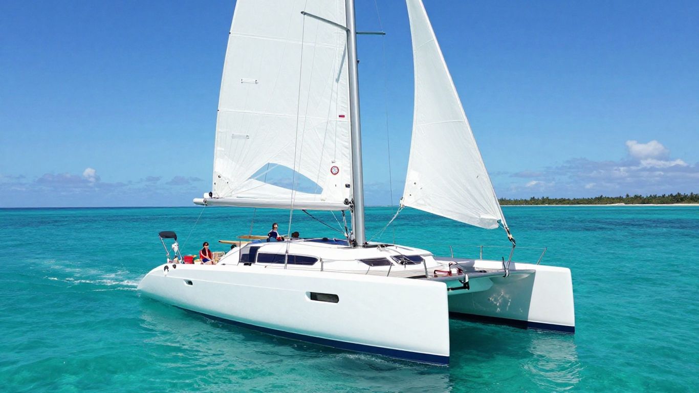 Catamaran sailing on clear blue ocean water.