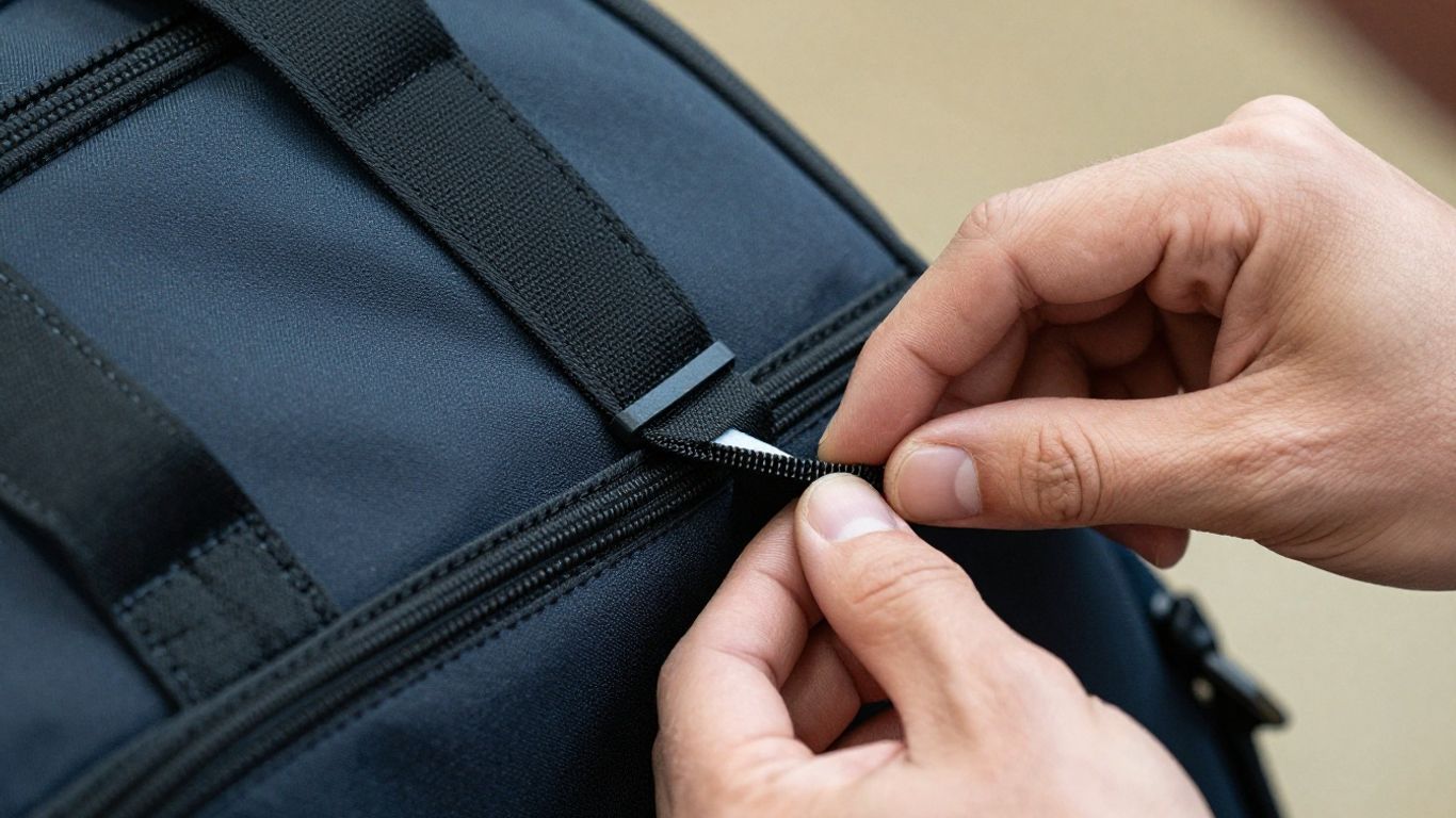 Close-up of sports bag quality inspection
