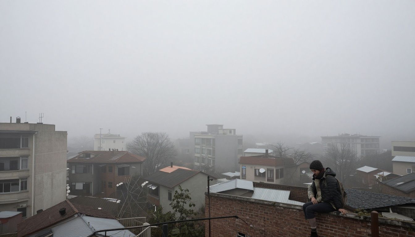 Um sobrevivente explorando uma cidade abandonada em um cenário pós-apocalíptico com neblina