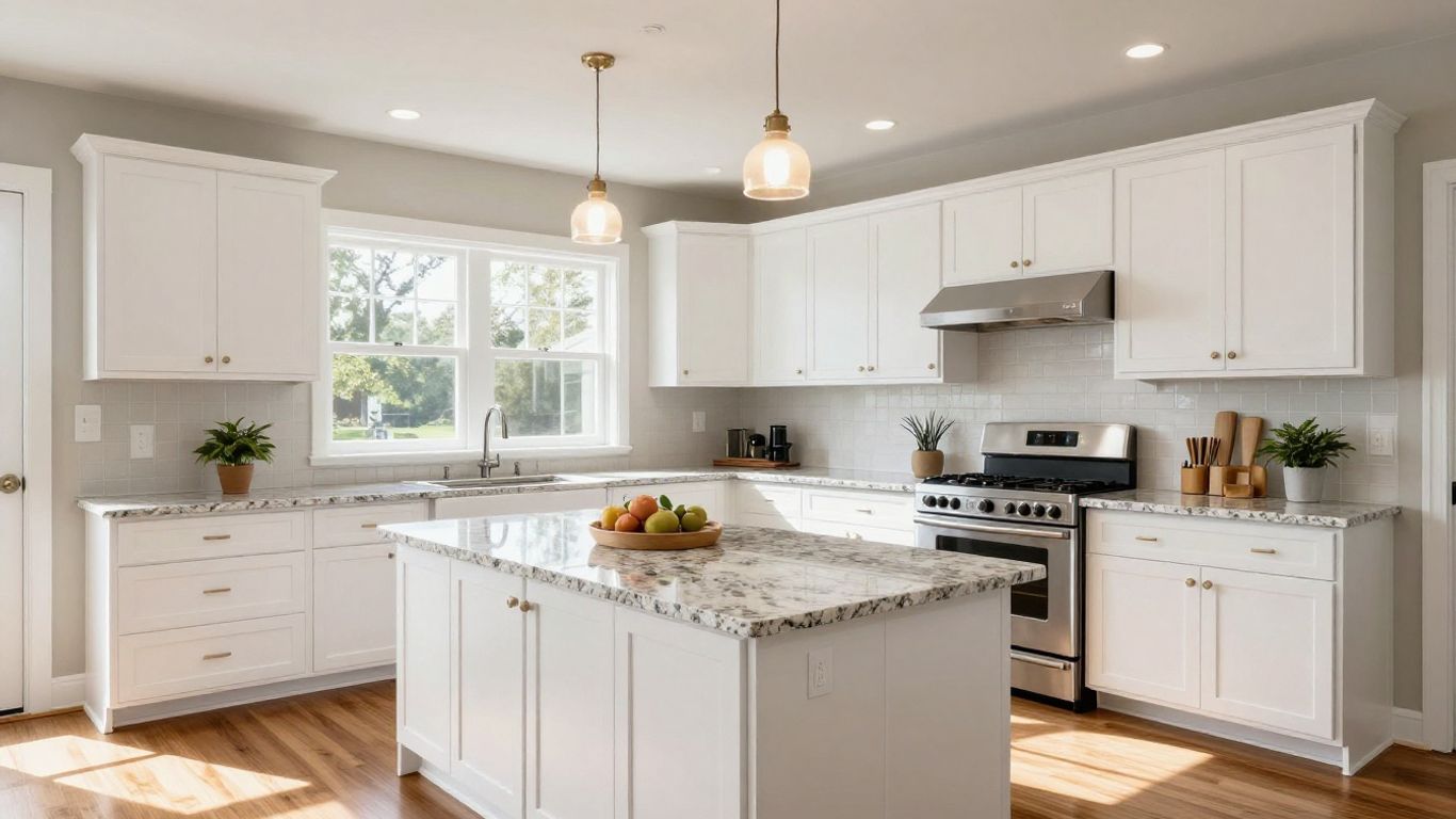 Modern open-concept kitchen with island and natural light.