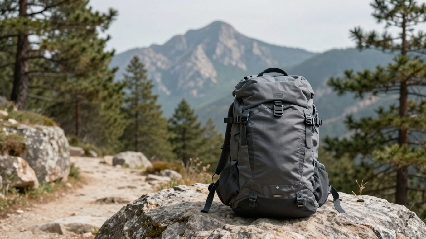 A weathered adventurer exploring a rocky mountain trail