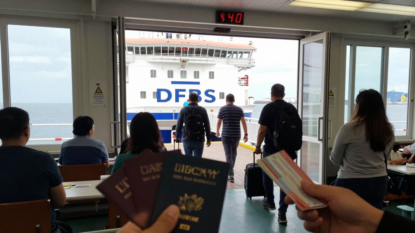 Passengers checking in for a DFDS ferry journey.