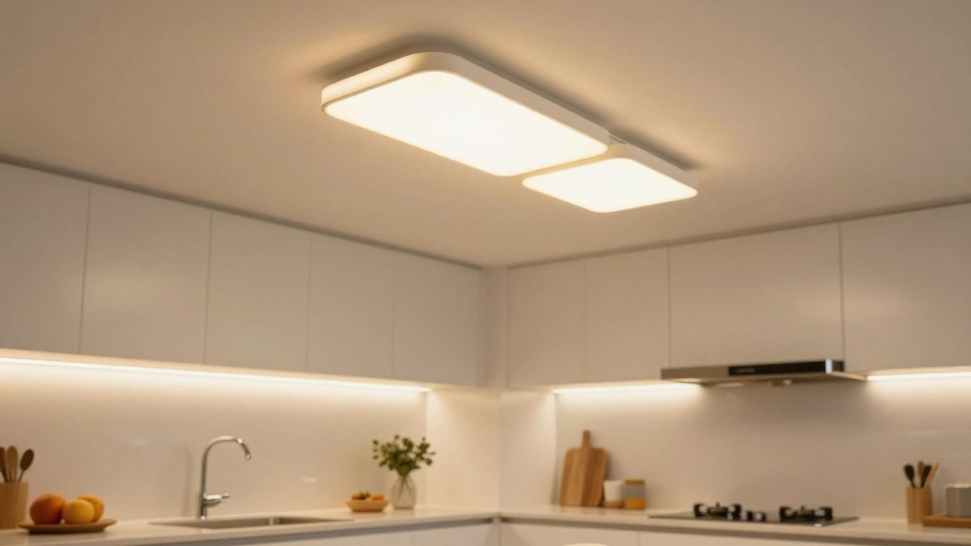 Modern kitchen with bright B&Q ceiling lights.
