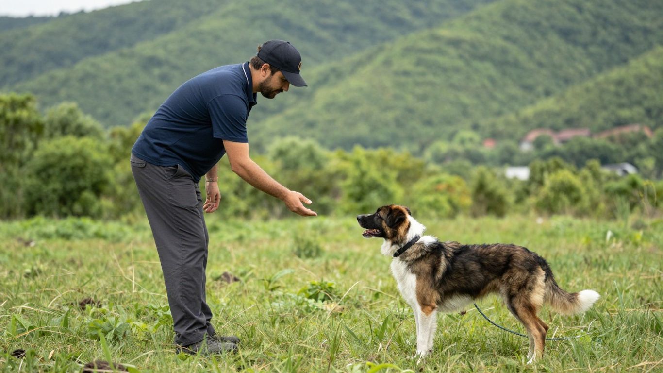 Dog and handler training outdoors in a natural setting.