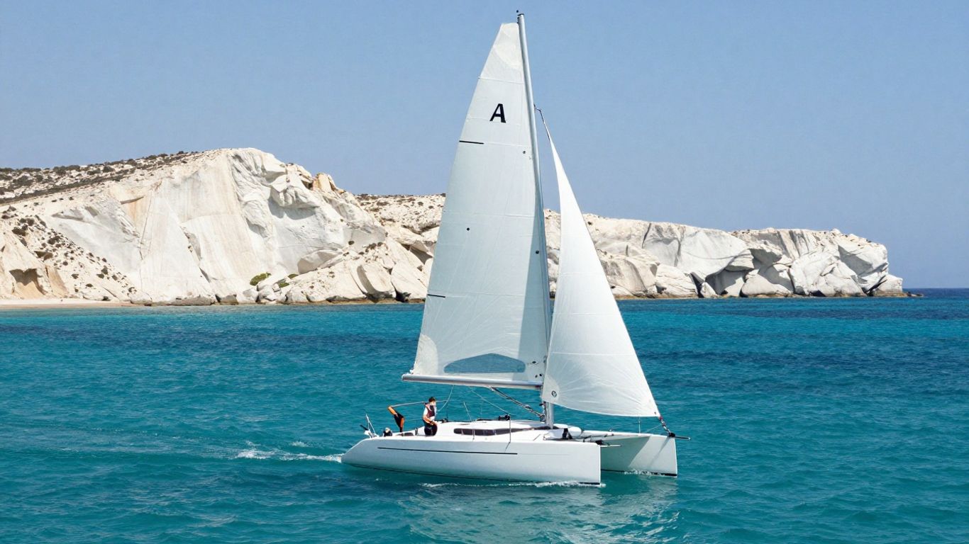 A modern catamaran sailing smoothly through clear blue Aegean waters.