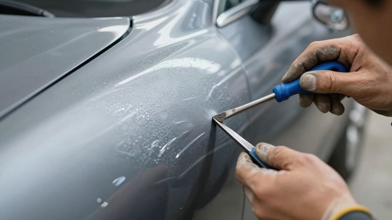 Detailaufnahme von Autolackschäden durch Hände mit Handschuhen.