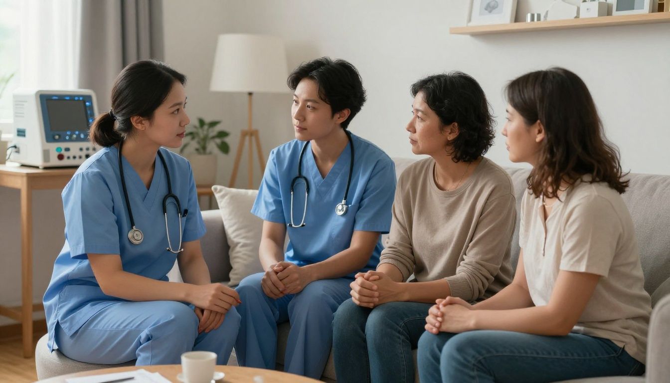 A compassionate nurse and a family member sitting together in a cozy living room, discussing care routines, with medical equipment in the background and a sense of warmth and support.