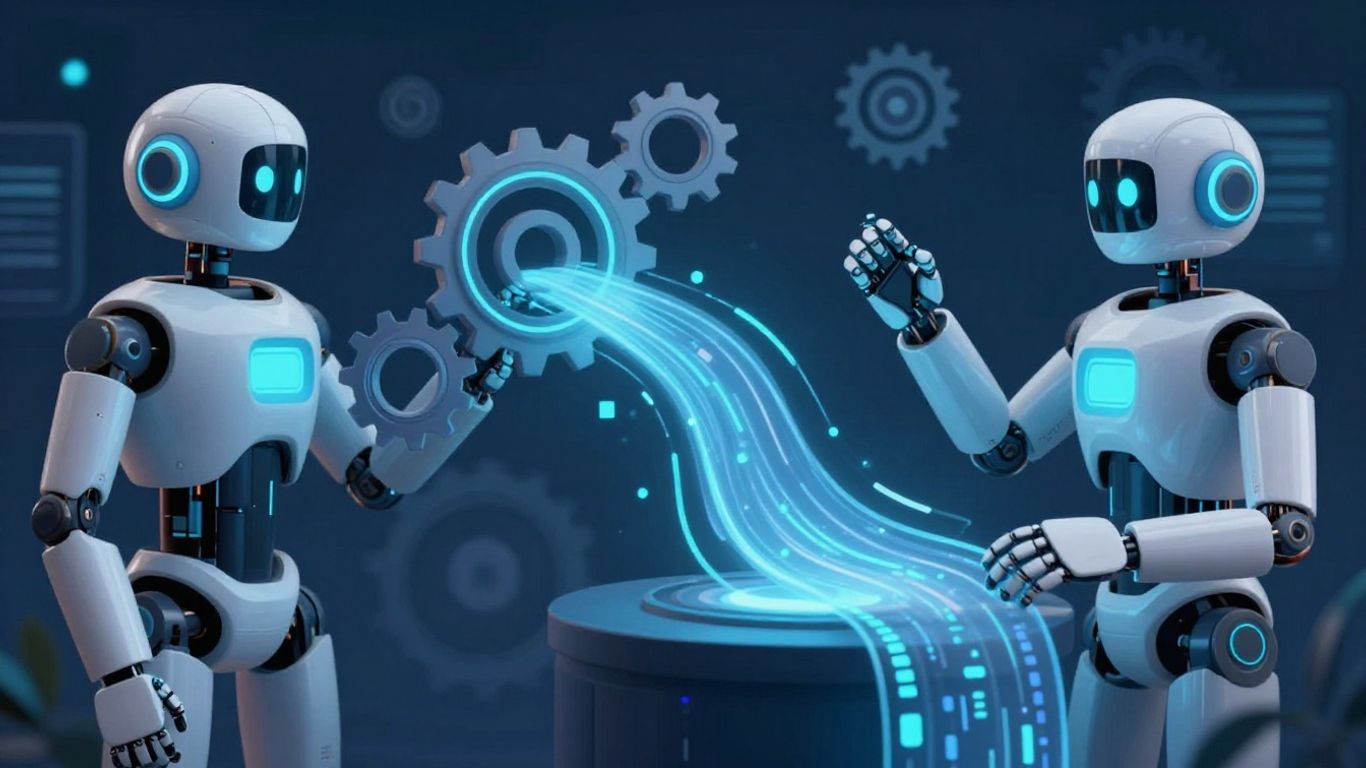 AI robots managing tasks and workflows with game-like visuals.