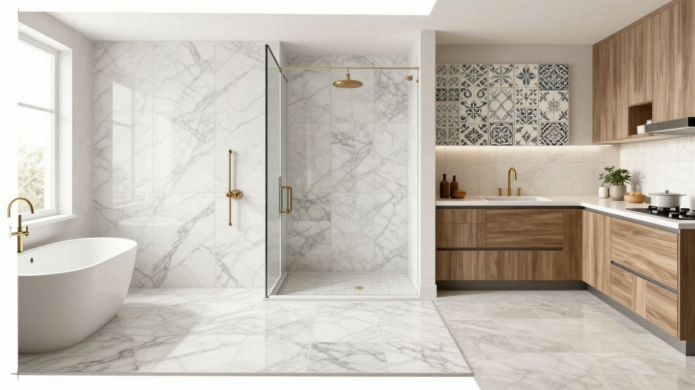 Marble tile sizes in different room settings sketch.