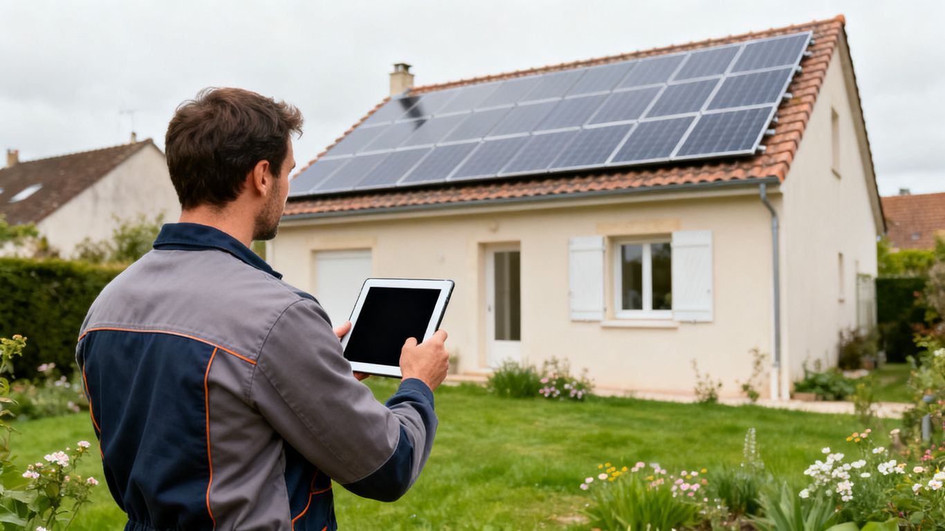 Installateur évaluant une toiture photovoltaïque en France